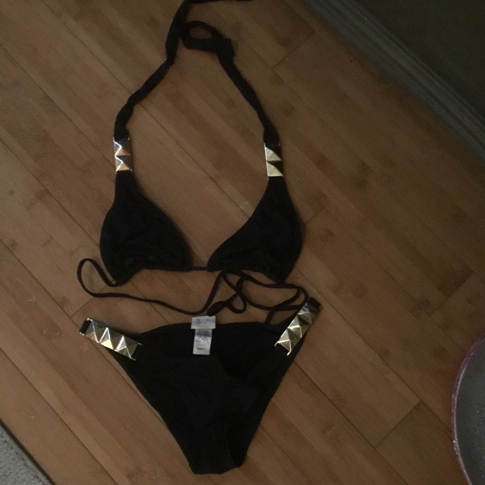 L.Space black bikini with Gold metal accents